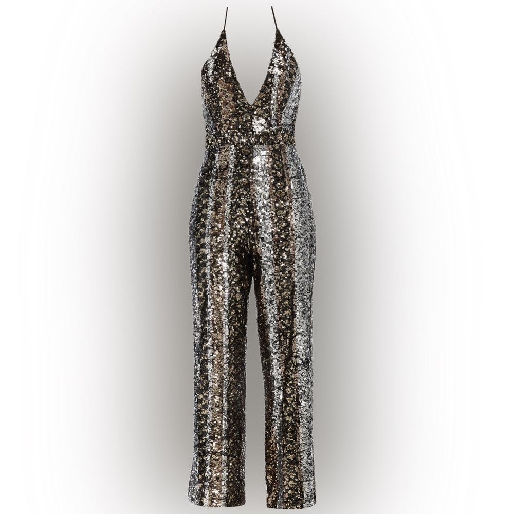 Bardot Disco Sequin Jumpsuit Size 8 Medium EUC Gunmetal